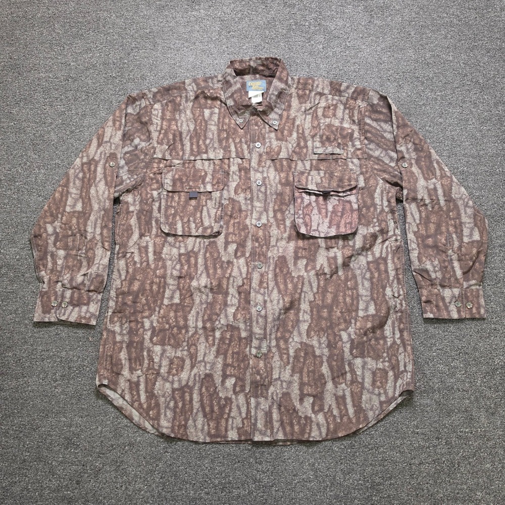 Jim Crumley Outfitter Tuff Fishing Shirt Brown Trebark Camo Mens XL Nylon Hunt